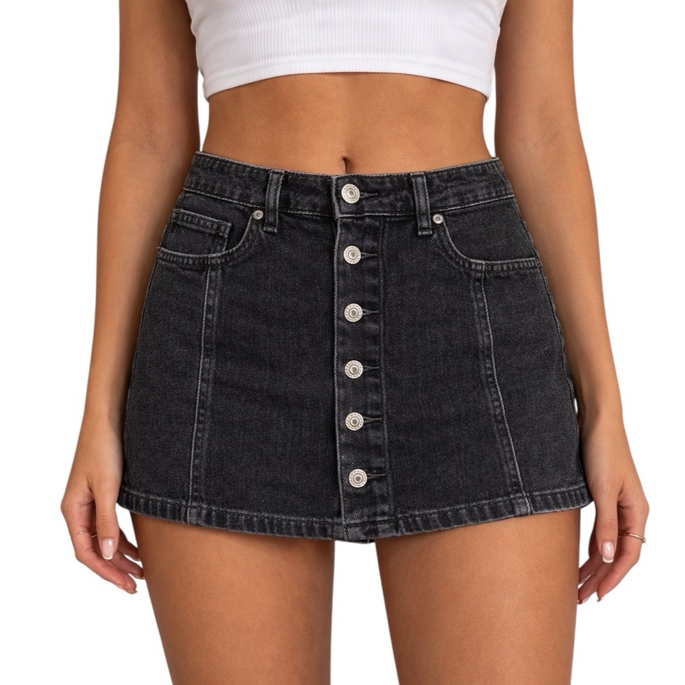 American Eagle Black Denim Mini Skirt Women's 6 High Rise A-Line Button Front